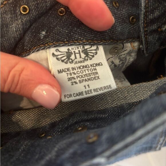 HINT Blue Flare Wide Leg Jeans with Faded Wash and bedazzling at waist - Picture 4 of 7